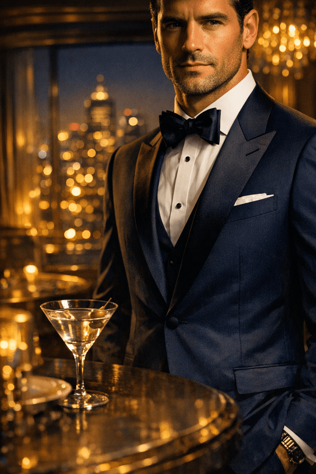 Cinematic luxury espionage lifestyle portrait for Universal Import Exports social media post