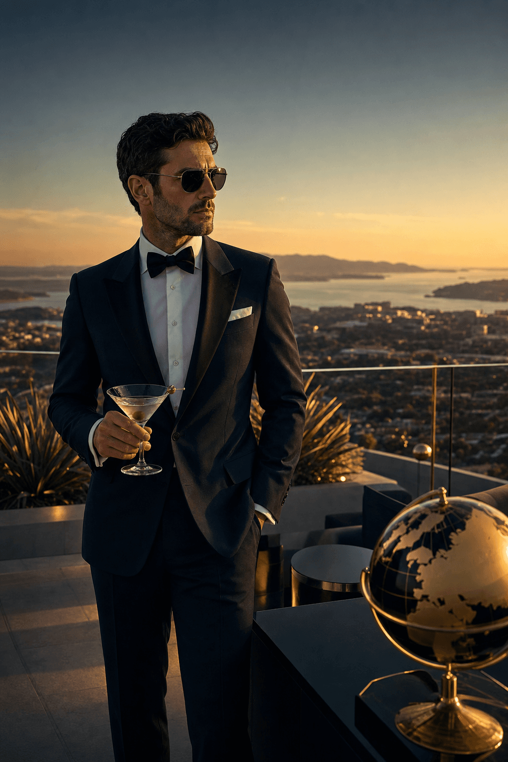 Sophisticated evening scene for Universal Import Exports - luxury lifestyle inspired by espionage elegance
