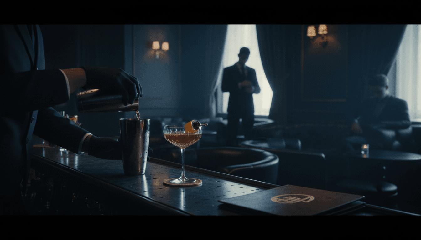 Sophisticated spy lounge with moody lighting and luxury details