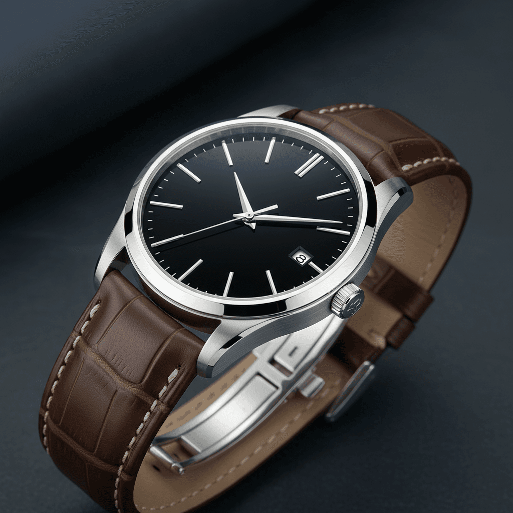 luxury analog watch with black dial on dark leather strap close up