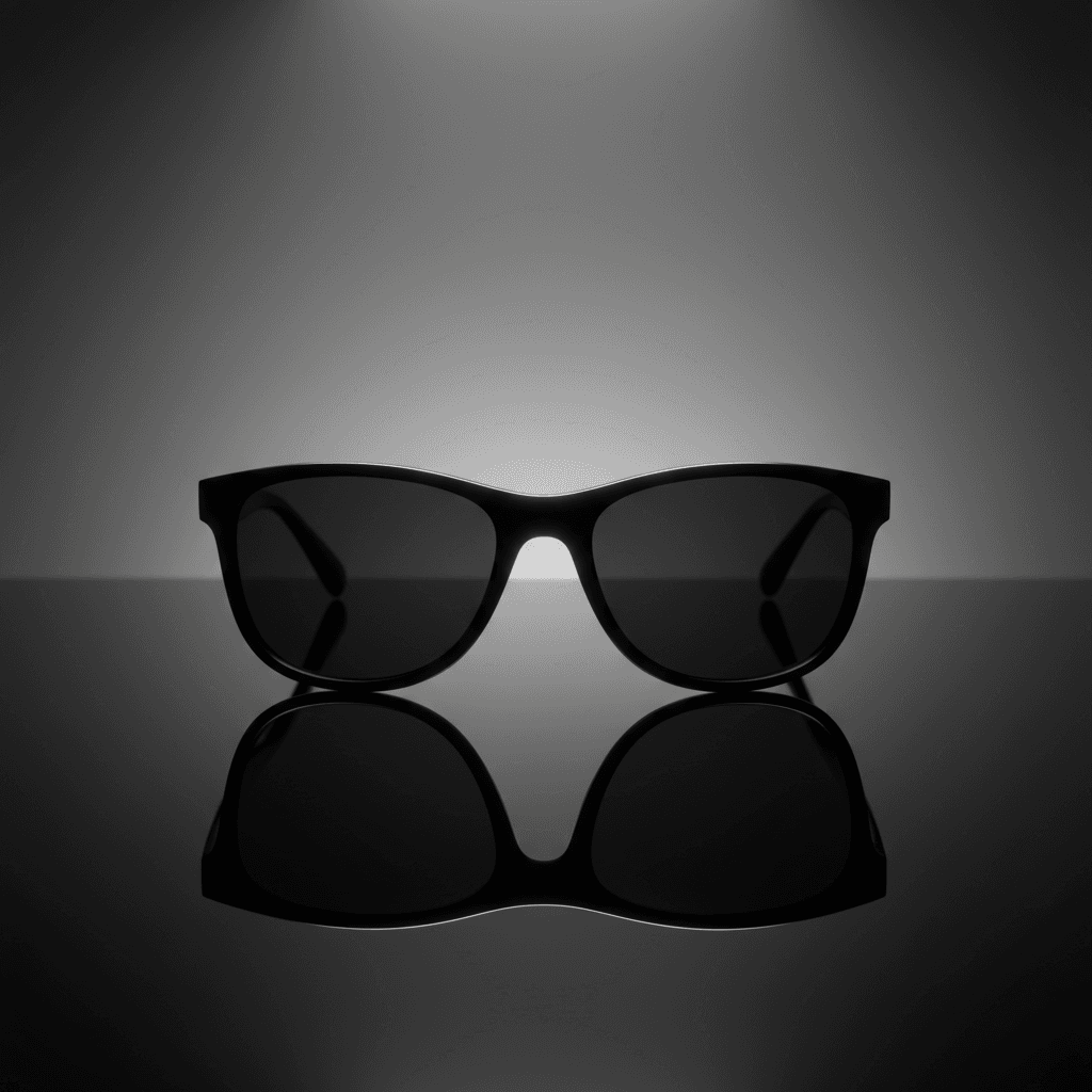 sleek black sunglasses on reflective surface with soft studio light