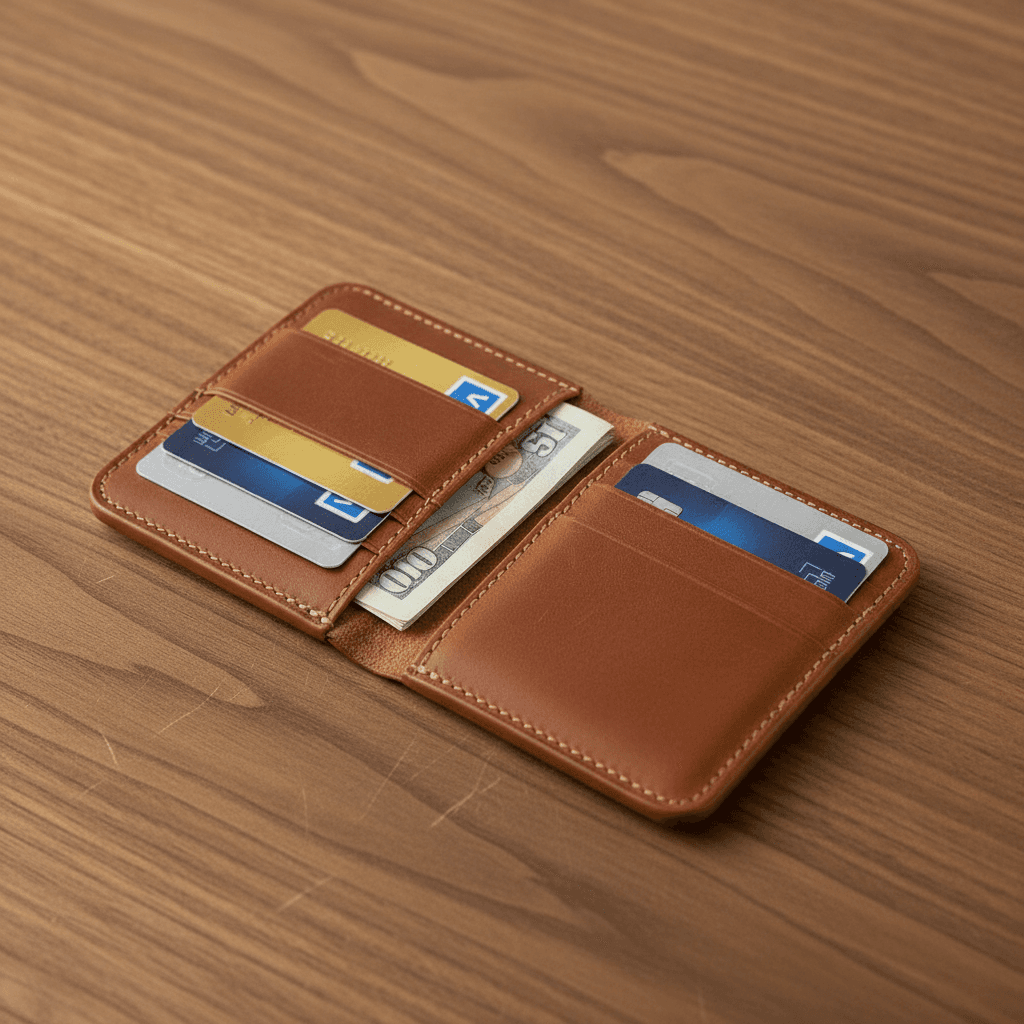 compact leather card holder wallet with multiple compartments on wood table