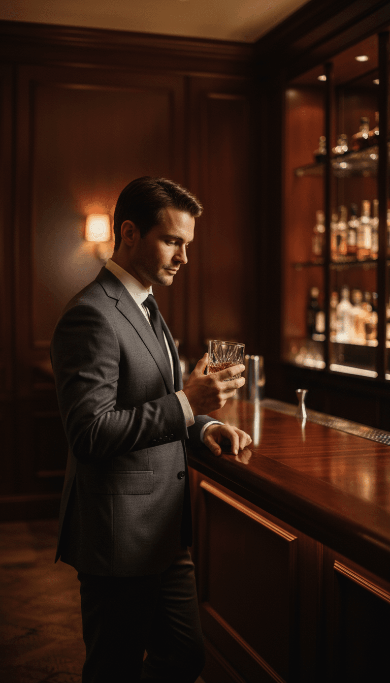 Sophisticated figure in tailored suit at an upscale bar with amber lighting
