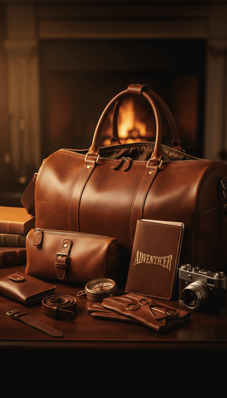 premium leather travel accessories arranged on dark surface with warm ambient lighting