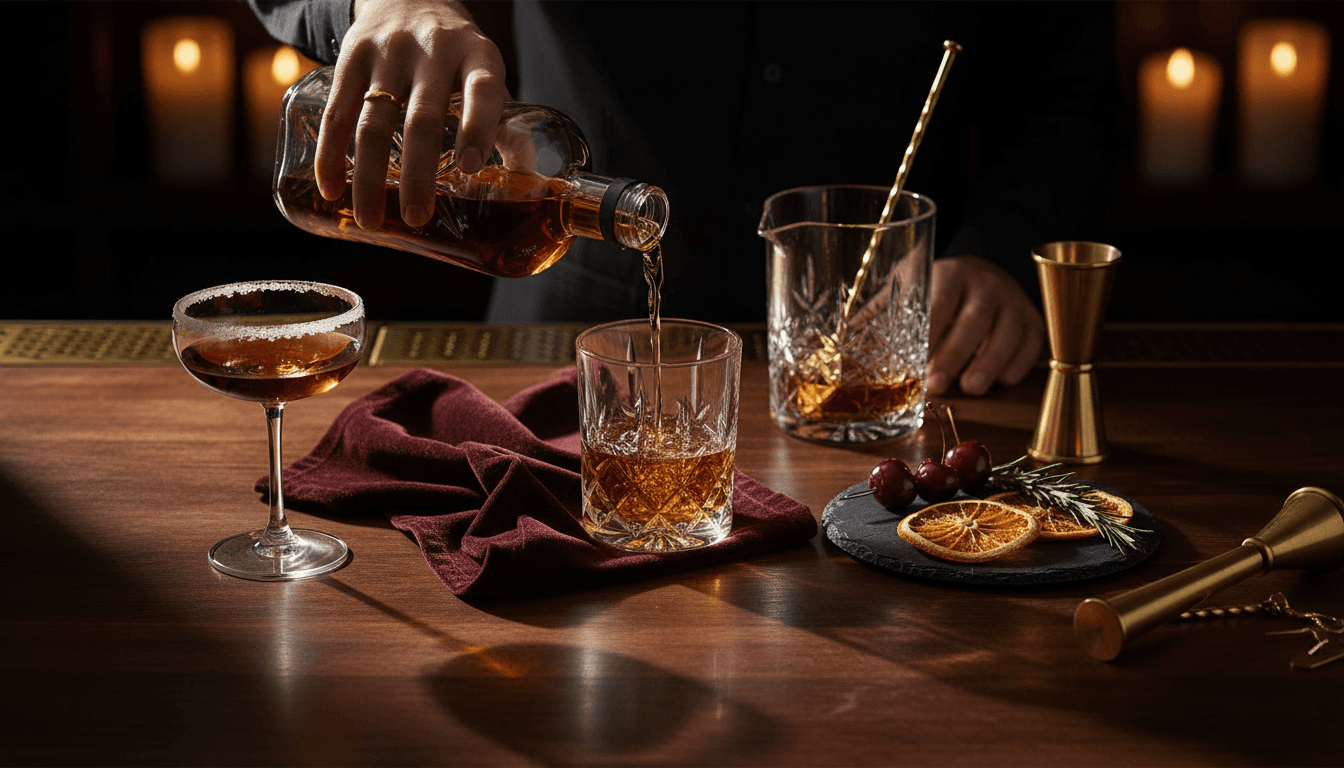cocktail being prepared on a polished dark wood bar counter