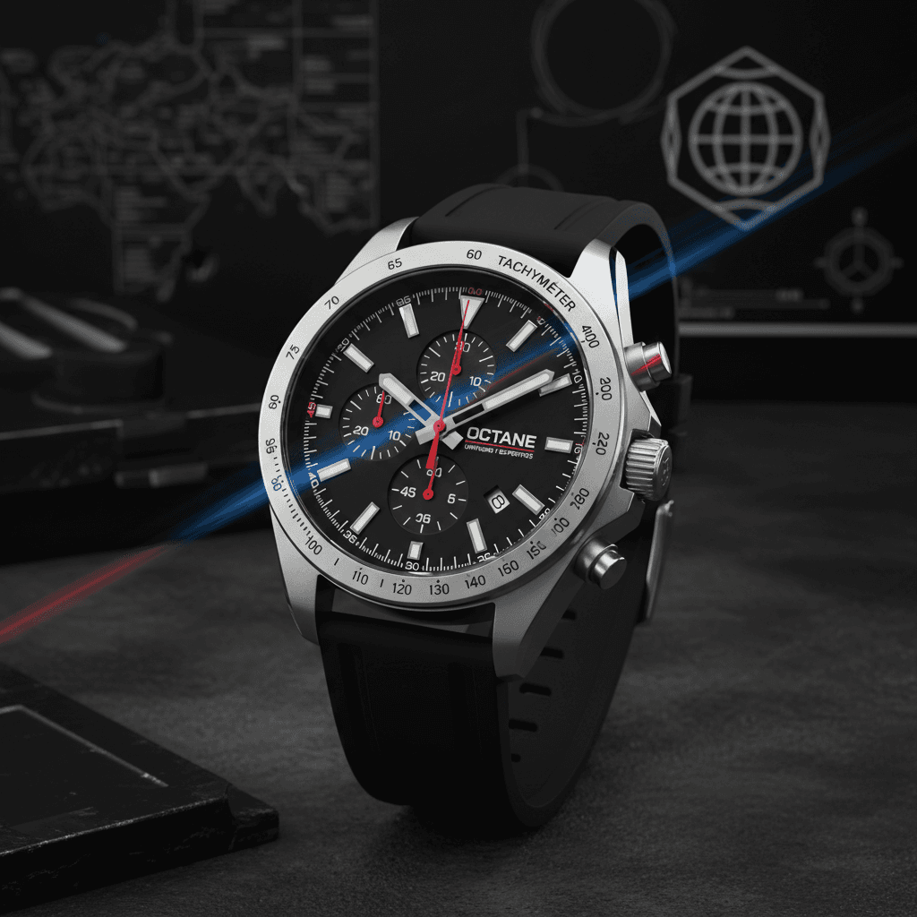 Silver Octane chronograph watch with black dial and rubber strap against technical blueprint graphics.