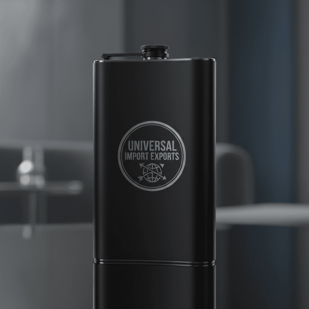 Black aluminum travel flask with Universal Import Exports logo engraved.