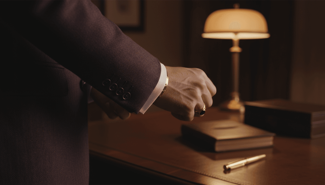Hand adjusting tailored suit jacket with precise care