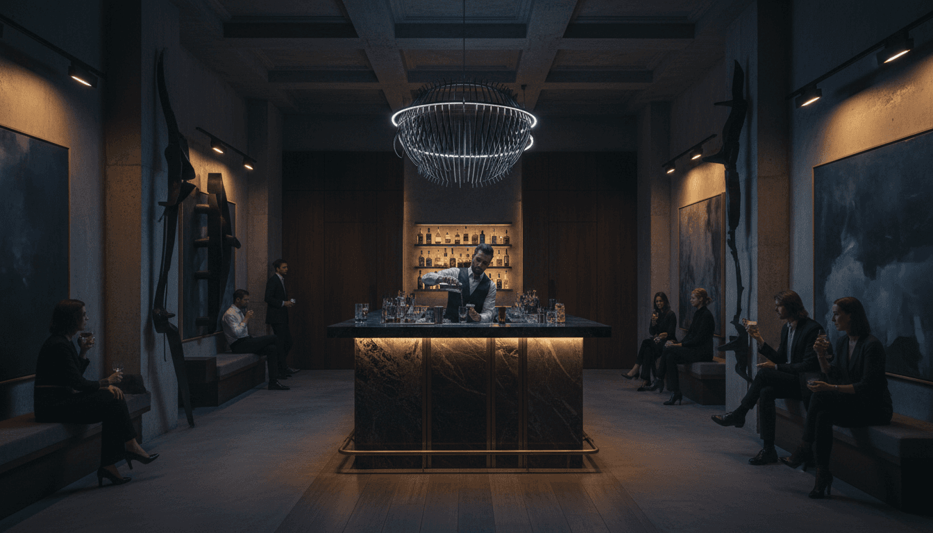A dark, sophisticated espionage-inspired aesthetic wide shot of an upscale lounge environment