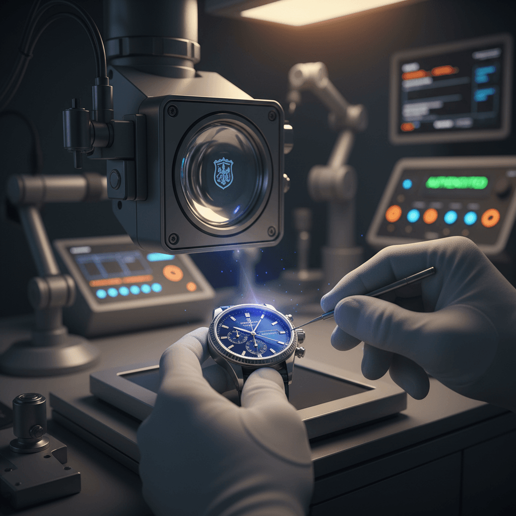 Authentication specialist examining luxury timepiece under UV lighting with precision magnification equipment in laboratory setting
