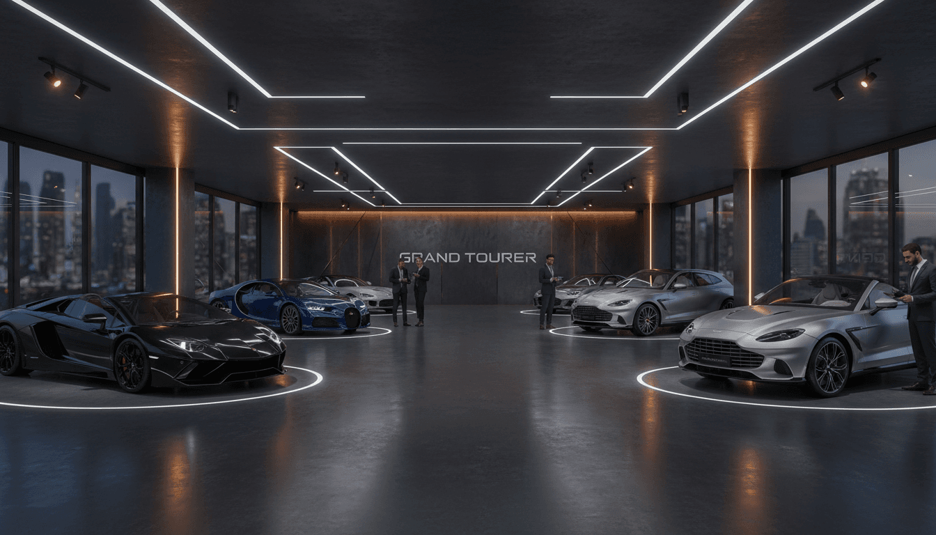 Expansive luxury showroom displaying multiple premium vehicles under sophisticated architectural lighting with browsing customers