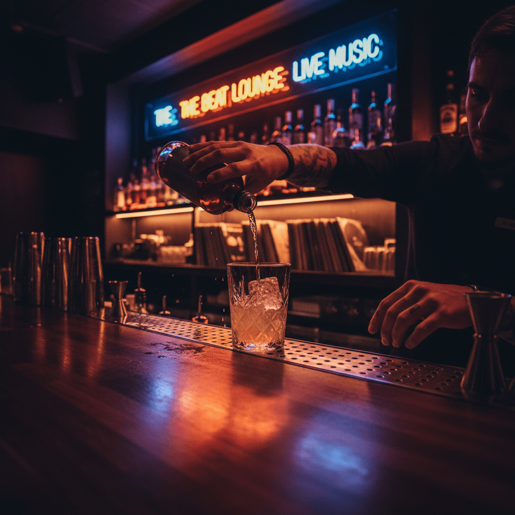 Sophisticated figure in tailored suit at an upscale bar, embodying spy thriller luxury lifestyle