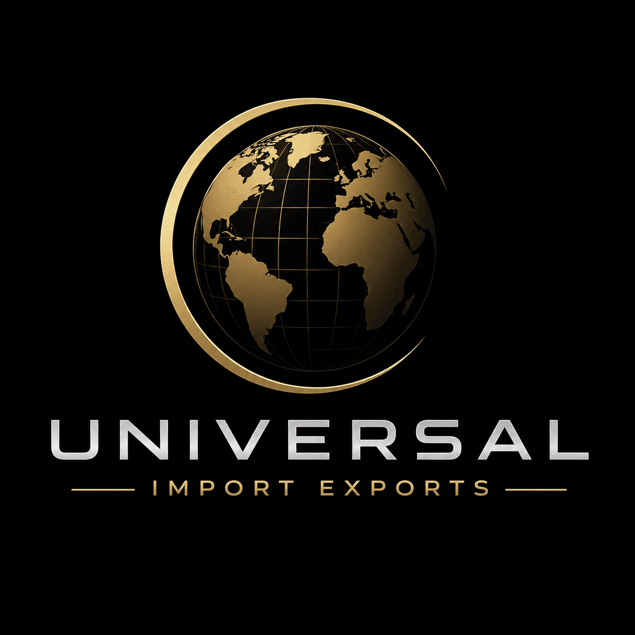 Universal Import Exports logo featuring a gold globe and ring above silver and gold text.
