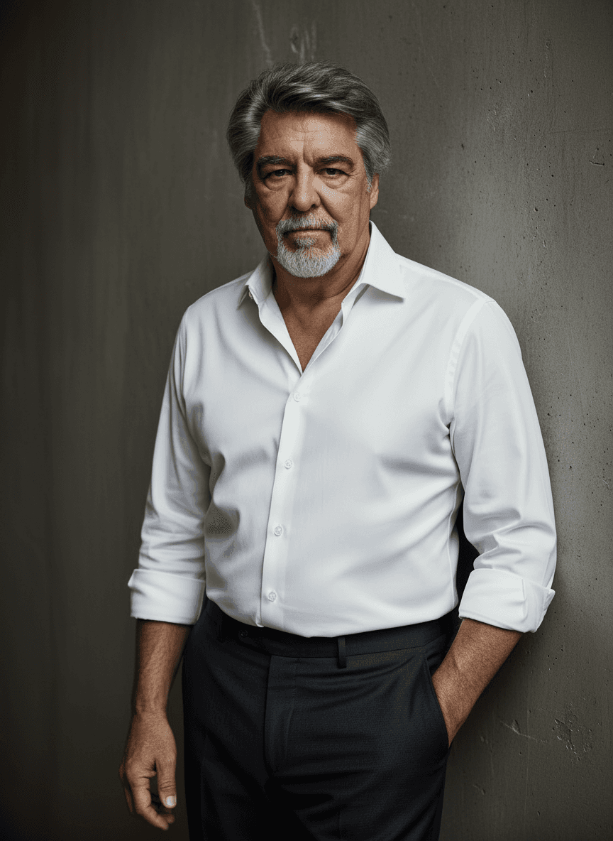Distinguished man with grey hair and goatee wearing a white shirt against a concrete wall.